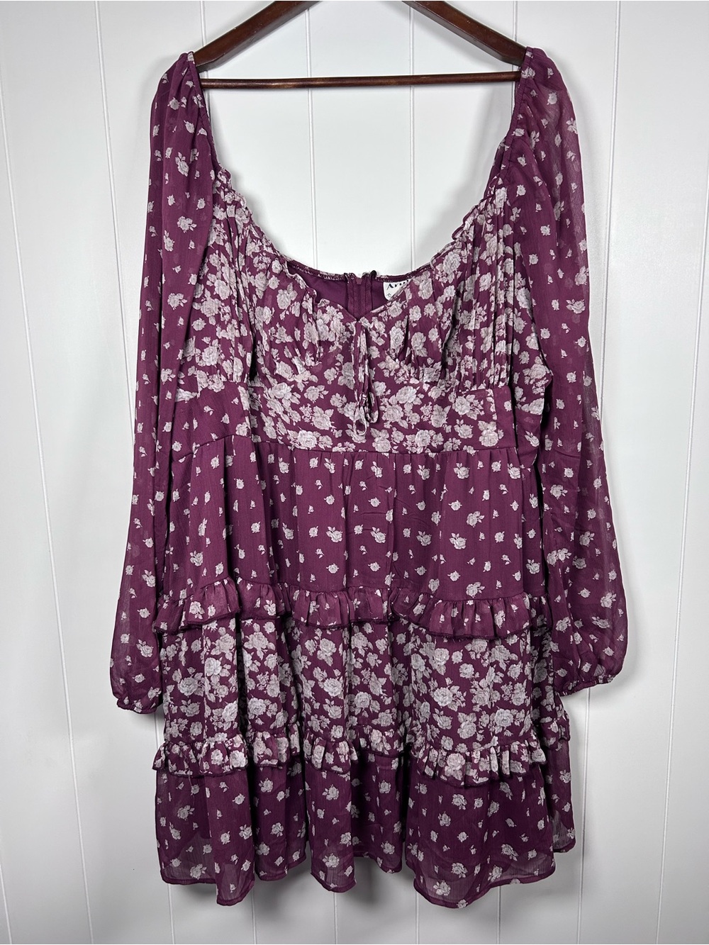 ARULA Plum Floral Tiered Long Sleeve Dress